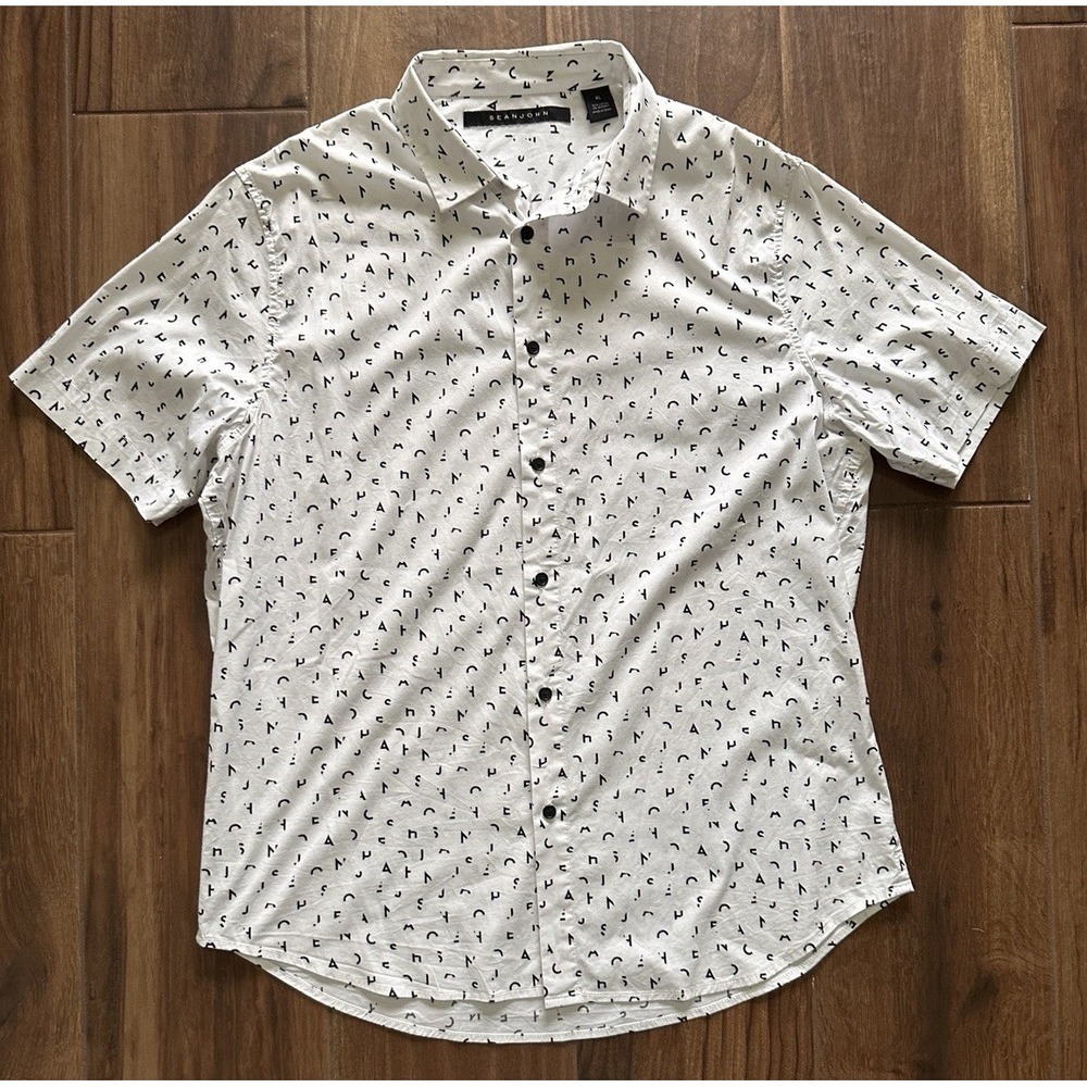 Sean John White Shirt Mens XL Black Letter Logo Button Up Cotton Casual